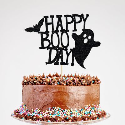 Glitter Happy Boo Day Cake Topper - Happy Halloween Birthday Ghost Cake Decorations, First Birthday Baby Shower Party Supplies Black