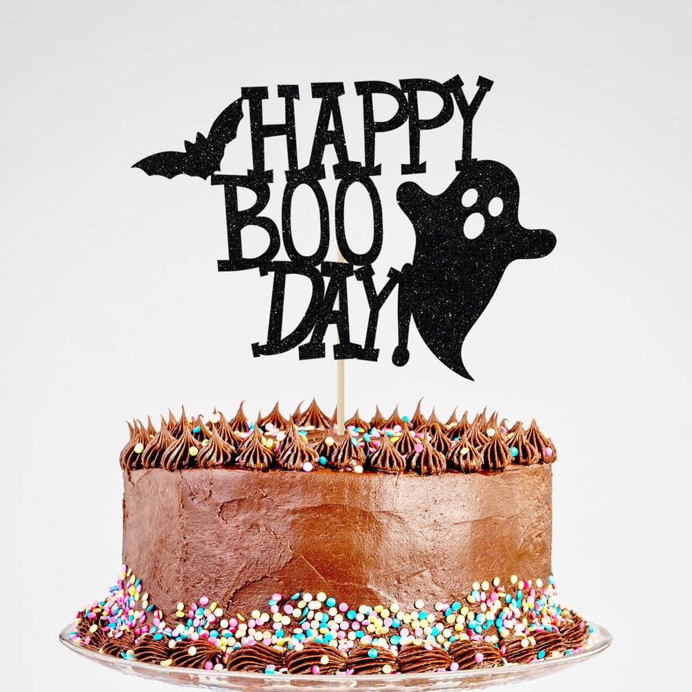 Glitter Happy Boo Day Cake Topper - Happy Halloween Birthday Ghost Cake Decorations, First Birthday Baby Shower Party Supplies Black