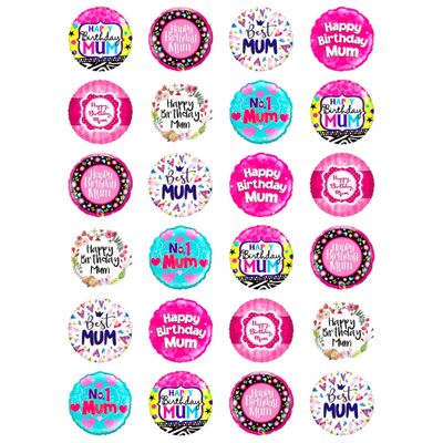 24 x Happy Birthday MUM Mix Edible Wafer Cupcake Toppers Pink Adult Birthday Party Cake Decorations