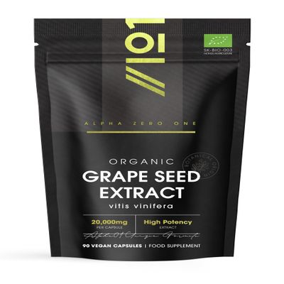 Organic Grapeseed Extract 20,000mg - High Strength 50:1 Extract - 90 Vegan Capsules (3 Months Supply) - Resealable and Recyclable Pouch - by Alpha01