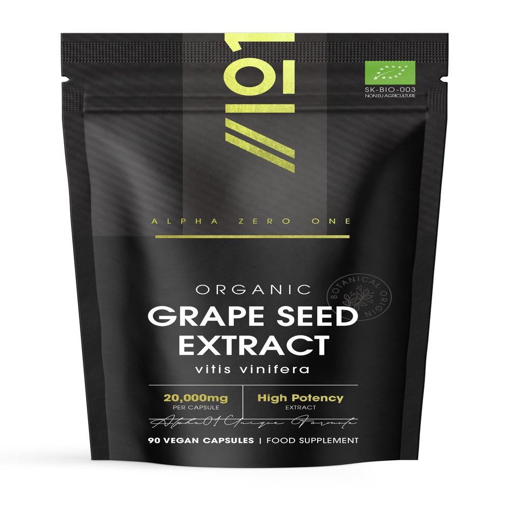 Organic Grapeseed Extract 20,000mg - High Strength 50:1 Extract - 90 Vegan Capsules (3 Months Supply) - Resealable and Recyclable Pouch - by Alpha01