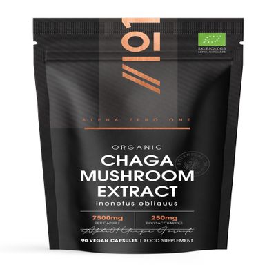 Organic Chaga Mushroom Capsules 7500mg  50% Polysaccharides (250mg) - 90 Vegan Capsules (3 Months Supply) Resealable and Recyclable Pouch - by Alpha01