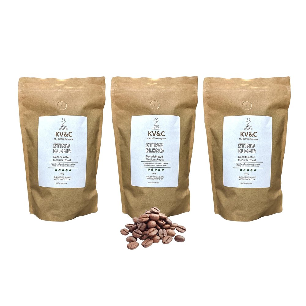 3 x STING Decaf Coffee Beans | Medium Roast Blend | Strong Decaffeinated Dek | 500g Resealable Bags (Bean, 3 x 500g)