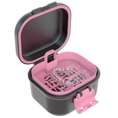 BVN Leak-Proof Denture Case, Denture Cup for Soaking Dentures, Retainer Cleaning Case (Black+Pink).