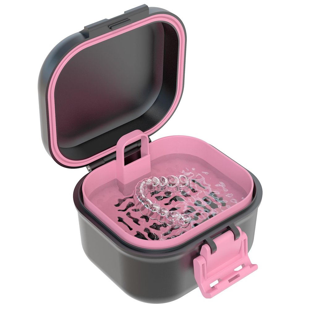 BVN Leak-Proof Denture Case, Denture Cup for Soaking Dentures, Retainer Cleaning Case (Black+Pink).