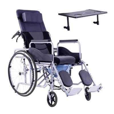 Rieort Folding Wheelchair Reclining W/Dining Table Transport Wheelchair Toilet Chair Steel Load 220lb Portable Manual Wheelchair