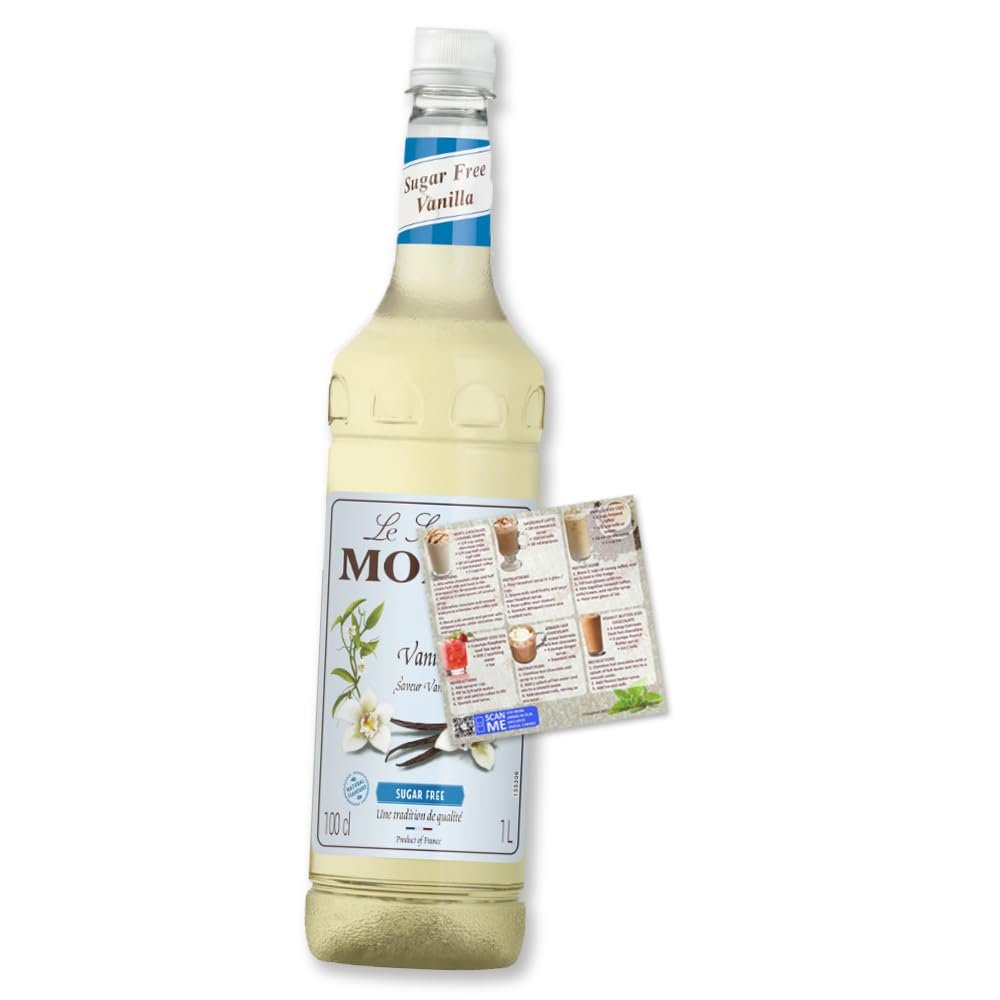 Monin Vanilla Sugar Free Coffee Syrup 1L for Coffee and Cocktail | Premium with Natural Flavours and Colourings | Vegetarian-Friendly | Zero Sugar | Includes Drink Recipe