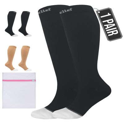 360 Relief 1 Pair Plus Size Compression Socks for Women & Men - Open Toe Graduated Compression Stockings, Flight Socks, Running, Nurses, Maternity, Pregnancy, 3XL, Black + Laundry Bag