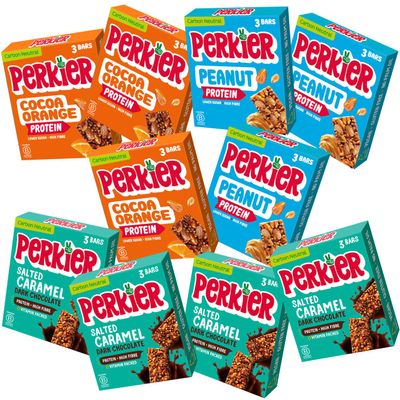 Perkier Variety Box (30 bars), Vegan, Gluten Free, Protein, Lower Sugar, Office Snacks, Healthy Snacks for Adults, Low Calorie, Halal, Breakfast Bar, High Fibre, Nut, Cereal, Gut Health, Multipack