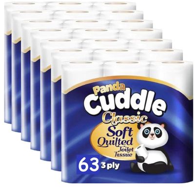 3 Ply Toilet Tissue Roll Panda Cuddle Classic Soft Quilted Toilet Rolls- Super Quality Comfort. (7 Pack of 9Rolls / 63 Rolls)