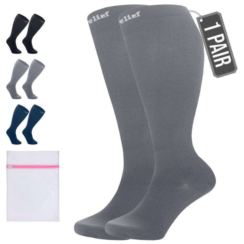 360 RELIEF 1 Pair Compression Socks for Women & Men - 15-20 mmHg Travel Flight Socks  Graduated Support - Ideal for Running, Cycling & during Maternity -3XL, Grey with Laundry Bag