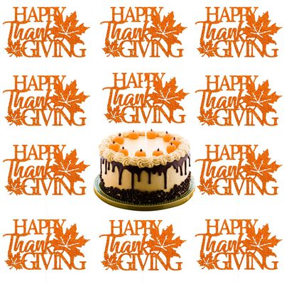 10Pcs Maple Leaf Cupcake Toppers Orange Glitter with Happy Thanksgiving Day Letter Fall Leaves Cake Topper Decoration for Thanksgiving Day Theme Party