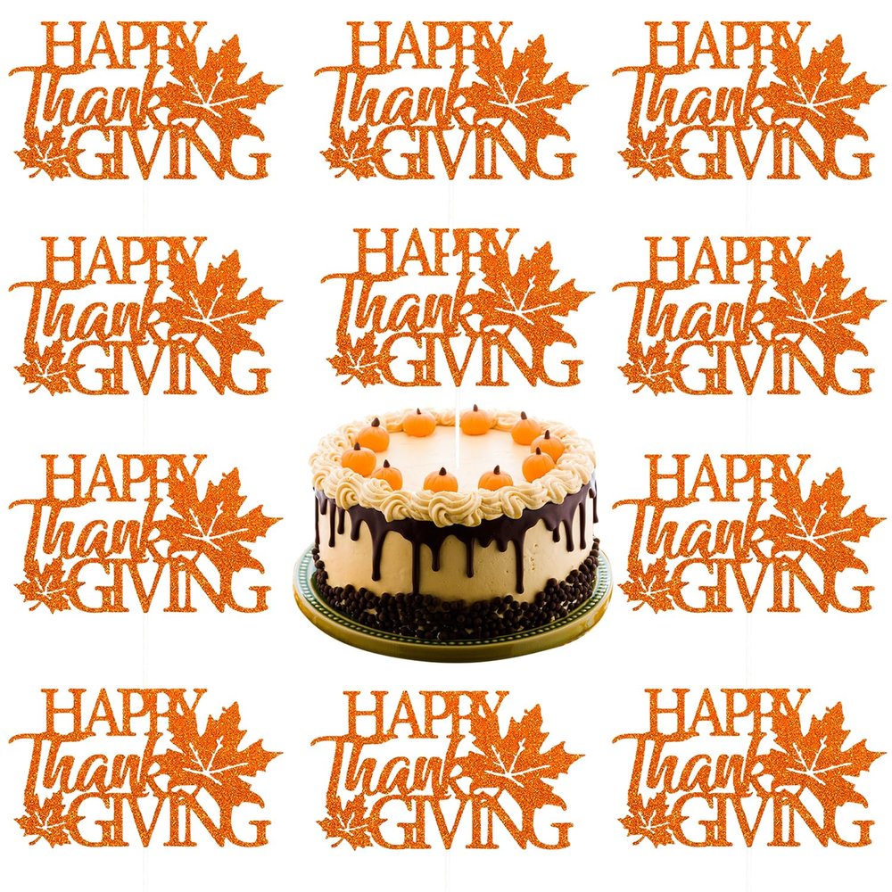 10Pcs Maple Leaf Cupcake Toppers Orange Glitter with Happy Thanksgiving Day Letter Fall Leaves Cake Topper Decoration for Thanksgiving Day Theme Party