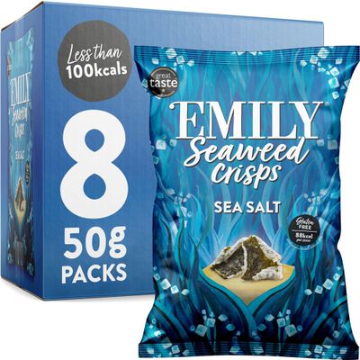 EMILY Seaweed Crisps Sea Salted Flavour | Healthy Nori Snack | Source of Iodine, High Fibre | Gluten-Free, Vegan Friendly | Perfect for Snacking & Parties | 8 x 50g Packs