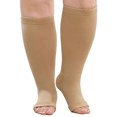 PUTUO Plus Size Compression Socks: Wide Calf Graduated Compression Stockings Men Women Open Toe Extra Large Compression Sock for Support Flight Travel Pregnancy Nurses 20-30 mmHg Beige 6XL 1Pairs