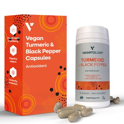 Vegetology Turmeric Supplement with Black Pepper, High Strength, 95% Curcuminoids, Vegan, Gluten Free, 60 Day Supply, Made in UK