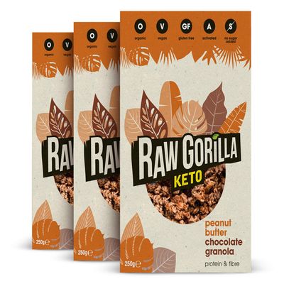 Raw Gorilla Keto Peanut Butter Chocolate Granola 3 Pack of 250g | Low Sugar, Vegan, No Added Sugar, Low Carb 4g Net Carbs, Plant Based Breakfast Cereal with Activated Nuts, Grain & Gluten Free