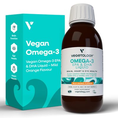 Vegetology Vegan Omega 3 Liquid, from Microalgae, 800mg of EPA DHA, with Vitamin D3, Supports Heart, Brain, and Eye Health, Natural Fish Oil Alternative, UK Made, Mild Orange Flavoured