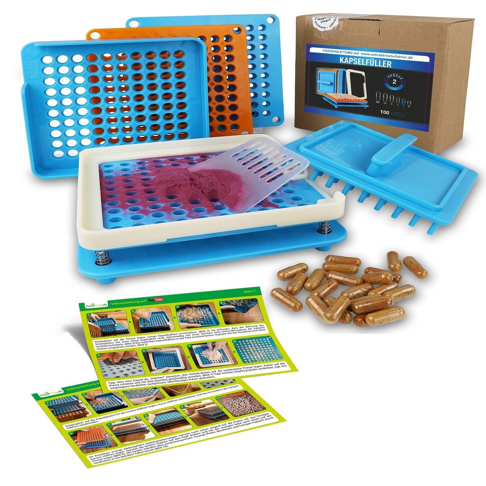Capsule Filler Size 2 Space for 100 Capsules Includes Instructions in German + Video Capsule Filler Machine Empty Capsules to Fill Yourself Manual (Size 2)