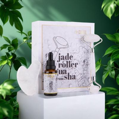 100% Real Crystal Jade Stone Roller and Gua Sha Set with Vitamin C Serum | Great for Eye Puffiness Treatment, Skin Tightening, Anti Aging, Rejuvenate Face & Neck | Great Gift for Women & Men (Crystal)