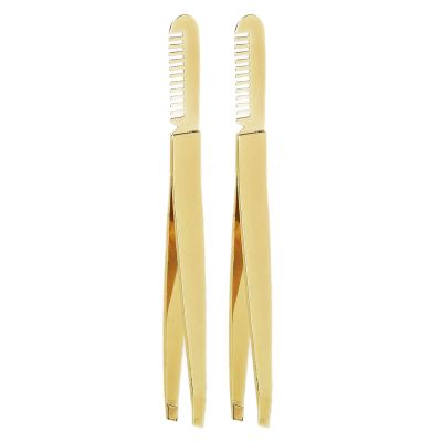 2pcs Slant Pointed Tweezer with Comb, Stainless Steel Eyebrow Tweezer Set, High Hardness Double Headed Tweezer Comb, Professional Eyebrow Trimming Tool for Women Facial, Golden