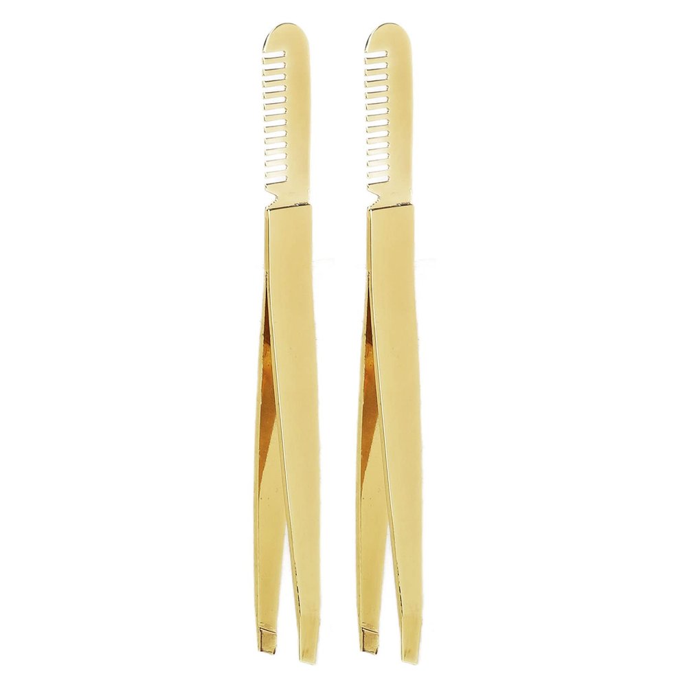 2pcs Slant Pointed Tweezer with Comb, Stainless Steel Eyebrow Tweezer Set, High Hardness Double Headed Tweezer Comb, Professional Eyebrow Trimming Tool for Women Facial, Golden