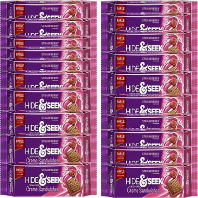 Parle Hide & Seek Strawberry Fab Biscuits - Crispy & Crunchy Tea Time Sandwich Biscuit Bars - Strawberry Cream Filled Biscuits for Snacks for Kids (Hide & Seek Fab Strawberry 112g_P20)