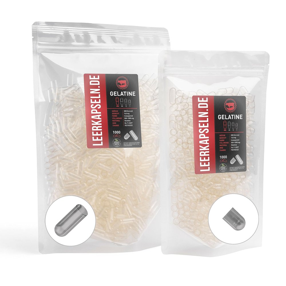 Pack of 1000 - Size 000 - Gelatin Capsules Caps - Separated Capsule Halves - Transparent Beef Empty Capsules - No Prior Opening Required (1000)