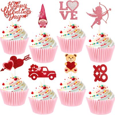 24PCS Happy Valentine's Day Cupcake Toppers Glitter Heart Love Valentines Food Picks Cake Decorations Supplies