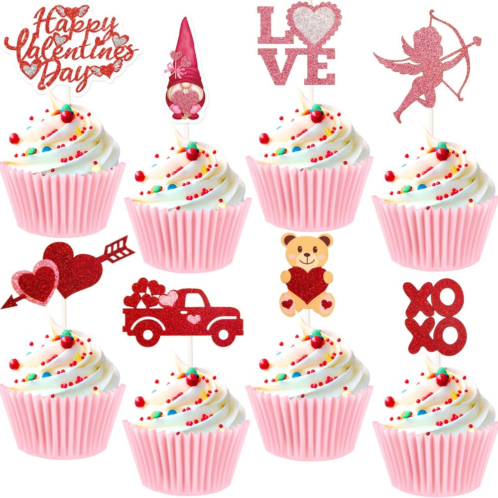 24PCS Happy Valentine's Day Cupcake Toppers Glitter Heart Love Valentines Food Picks Cake Decorations Supplies