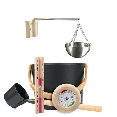 Sauna Accessories Kit,Complete Aluminum Bucket Set with Ladle,Thermometer/Hygrometer/Sauna Bucke/Hourglass,Great for Sauna and Spa,7L