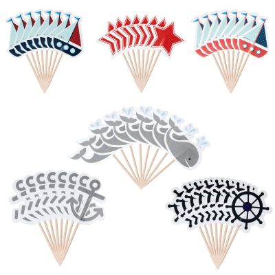 Honbay 48PCS Nautical Theme Cupcake Toppers Ocean Sailing Party Cake Decorations Food Fruit Picks for Birthday Wedding Party Supplies (6 Style)