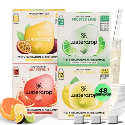 waterdrop Microdrink Tropical Fruit Set - 48 Water Flavouring Hydration Tablets, Flavoured Water Cubes in Grapefruit, Lime, Passionfruit & Ice Tea Lemon Flavours, Vitamin C & B, Vegan, Sugar Free