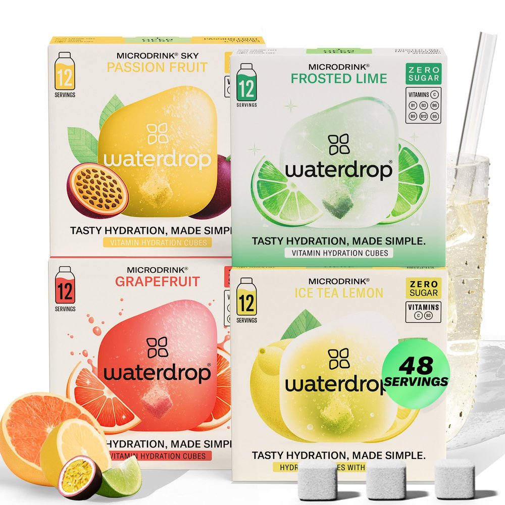 waterdrop Microdrink Tropical Fruit Set - 48 Water Flavouring Hydration Tablets, Flavoured Water Cubes in Grapefruit, Lime, Passionfruit & Ice Tea Lemon Flavours, Vitamin C & B, Vegan, Sugar Free