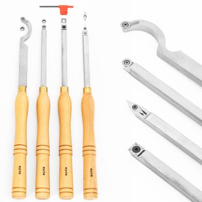 JOEBO Professional Wood Turning Tools for Lathe Woodworking, 4 Pc. Set, Heavy Duty Rougher, Finishers, Detailer, and Replacement Cutting Blades, Beech Wood Handles/42