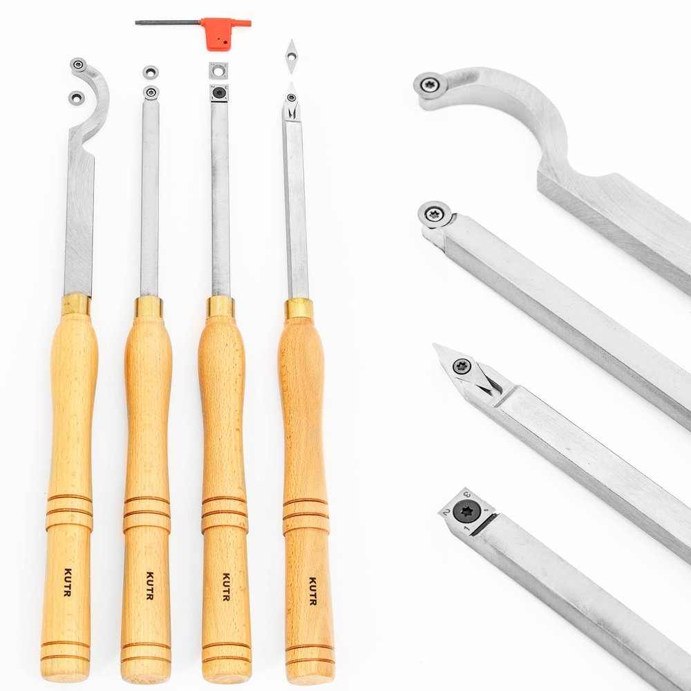 JOEBO Professional Wood Turning Tools for Lathe Woodworking, 4 Pc. Set, Heavy Duty Rougher, Finishers, Detailer, and Replacement Cutting Blades, Beech Wood Handles/42