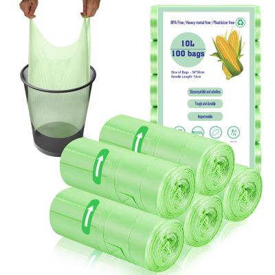 100 x 10 Liter Green Bin Bags, 18.9 * 23.2in Portable Food Waste Bag Small Kitchen Bin Liners Food Caddy Bag with Handle for Office Bathroom Kitchen Garbage