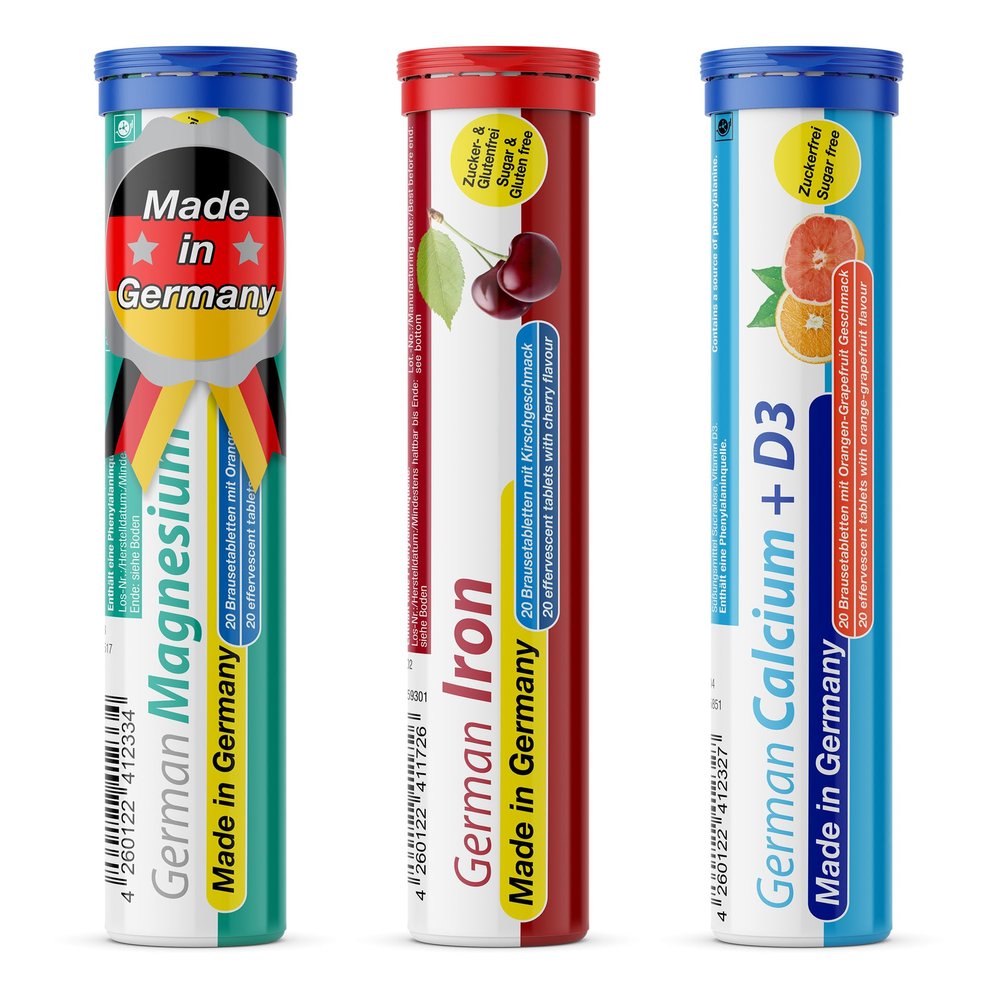German Mineral Plus Package 60 Pcs. - Vegan, Zero Sugar - Drink Effervescent Tablets - Iron, Calcium, Magnesium - T&D Pharma - Made in Germany