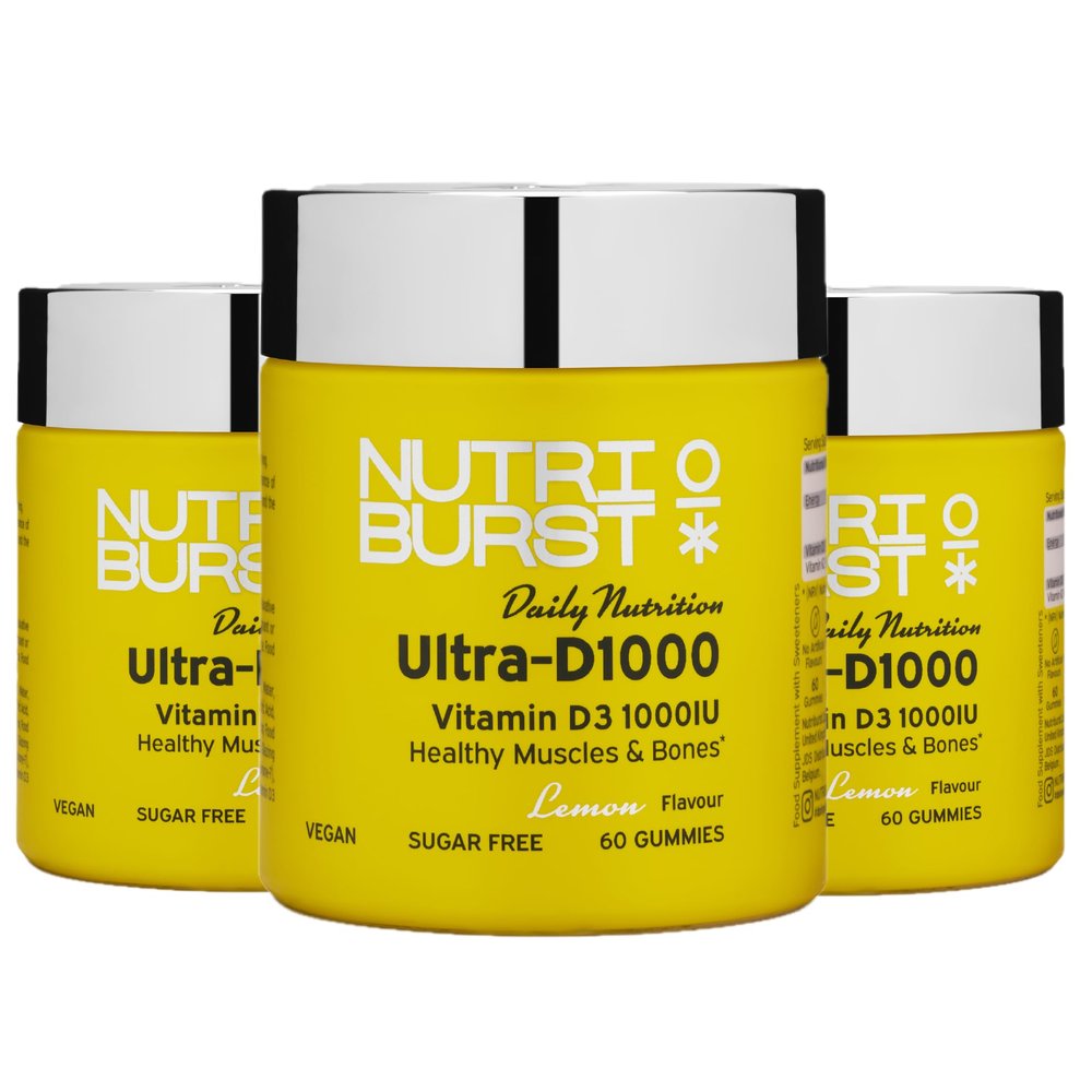 Nutriburst Ultra-D1000 Multipack - Vitamin D3 (1000IU) + Vitamin K2 (80g) for Healthy Muscles & Bones - Lemon Flavour - 3 x 60 Gummies / 3 Month Supply - Suitable for Vegans