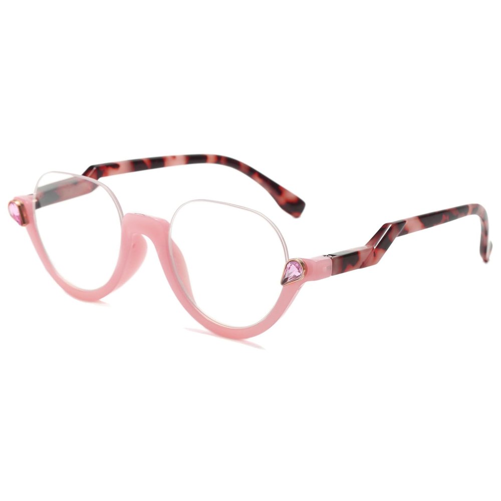 Lanomi Fashion Half Frame Reading Glasses Women Men Semi Rimless Plastic Blue Light Blocking Reader Eyeglasses Pink Frame Leopard Arm 2.5