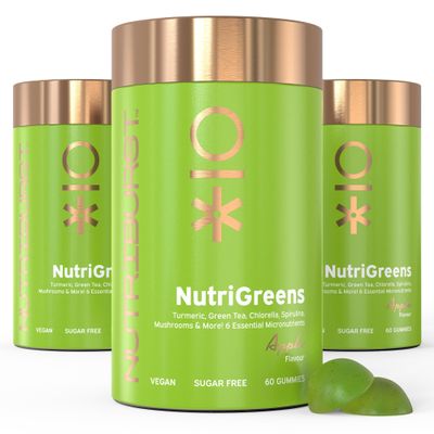 Nutriburst - NutriGreens Multipack - 22 Fruits + Vegetables + Herbs + Mushrooms + Live Bacteria Cultures - Boosted with Vitamins: Zinc, VIT C, D3, B5, B6, B12-3 Month Supply - Suitable for Vegans