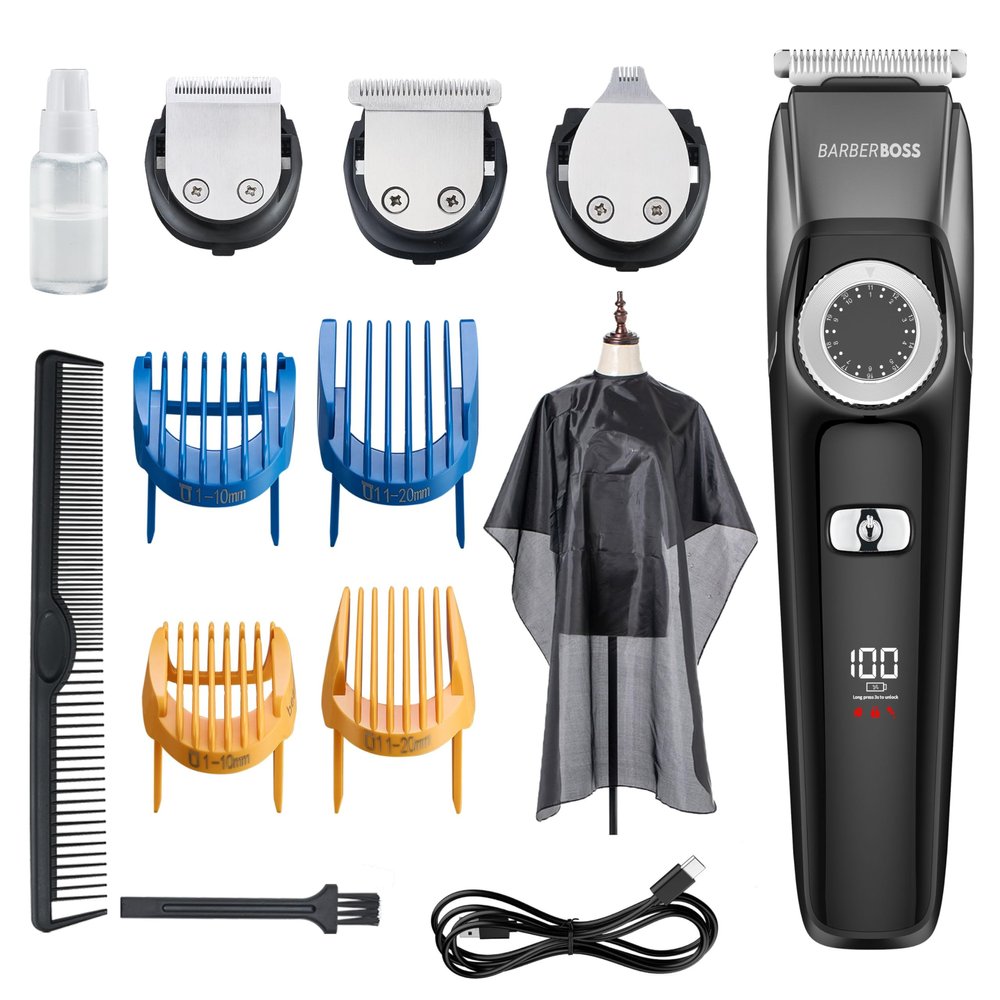BarberBoss 3 in 1 Facial Grooming Kit, Hair, Detail & Beard Trimmer, Mens Hair Clipper, Precision Control Dial, 4 Guide Combs, USB Rechargeable, LED Display, 100% Waterproof, QR-6086