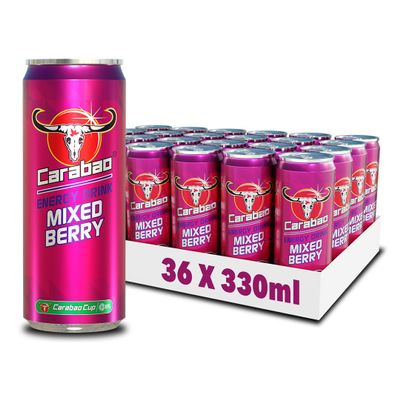 Carabao Energy Drink Mixed Berry, 36 x 330ml Cans Case, Low Calorie, Lower Sugar, Fizzy Fruit Flavour, Vegan, Gluten Free Drink, B Vitamins, Taurine, Caffeine with Zero Crash, Bulk Crates, Multipack