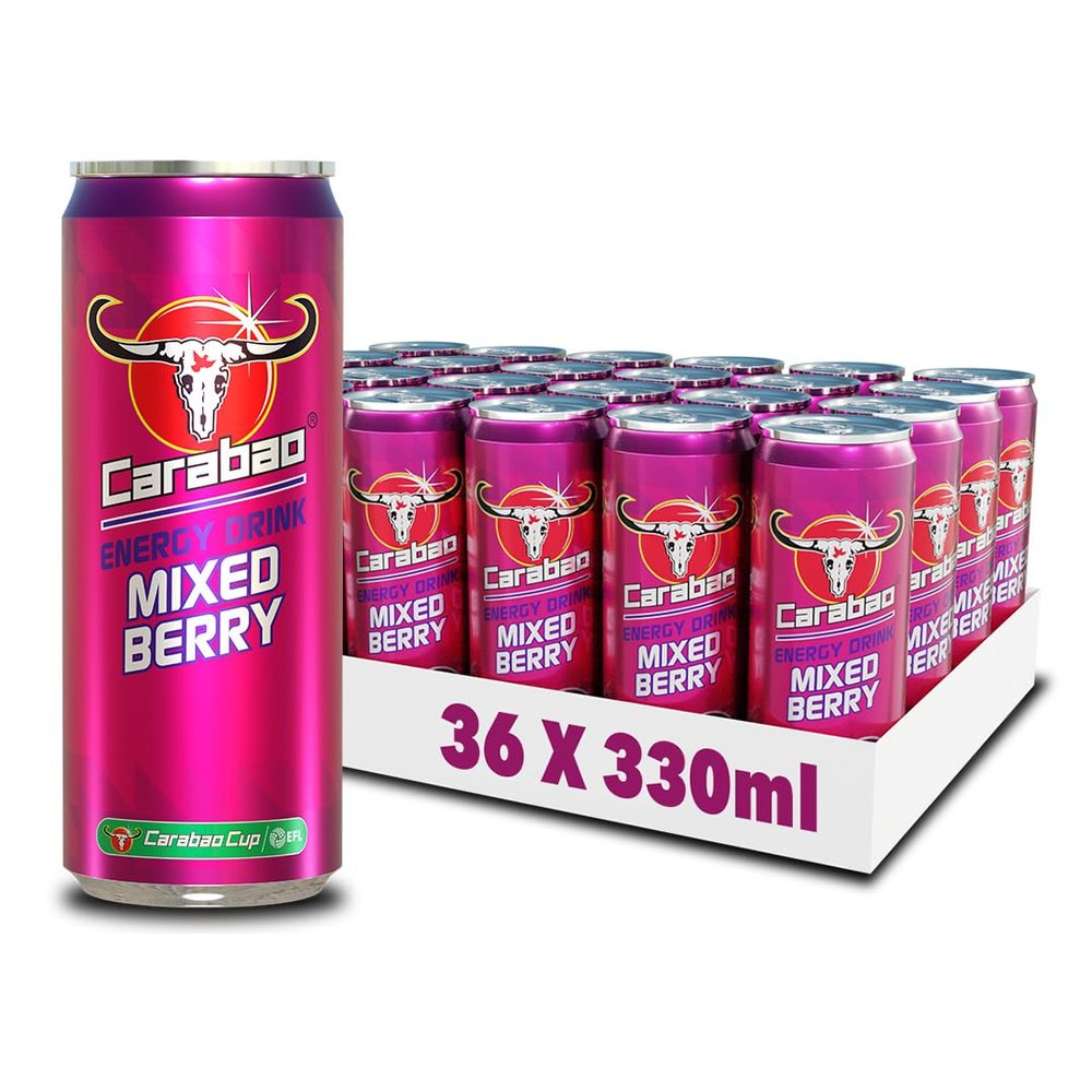 Carabao Energy Drink Mixed Berry, 36 x 330ml Cans Case, Low Calorie, Lower Sugar, Fizzy Fruit Flavour, Vegan, Gluten Free Drink, B Vitamins, Taurine, Caffeine with Zero Crash, Bulk Crates, Multipack