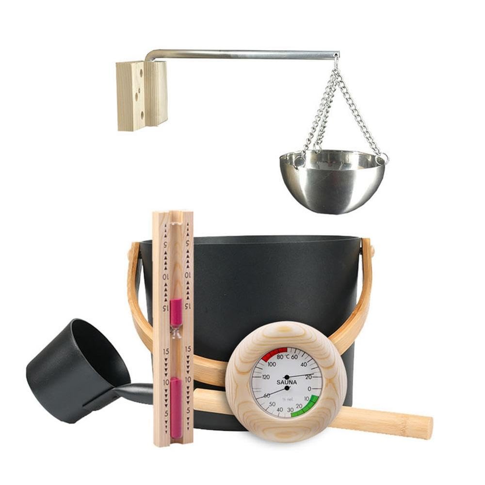 7L Sauna Bucket Set, with Long Handle Spoon Hourglass Thermometer Hygrometer Sauna Aromatherapy Oil Cup Kit Aluminum Products Are Sturdy Durable for Sauna And Spa