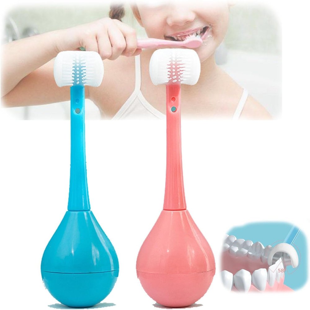 Children's Tumbler Three-Sided Toothbrush, Three Sided Toothbrush for Kids, All Rounded Tooth-Hugging Toothbrush, 3 Sided Soft Silicone Cleaning Toothbrush (Blue+Pink)