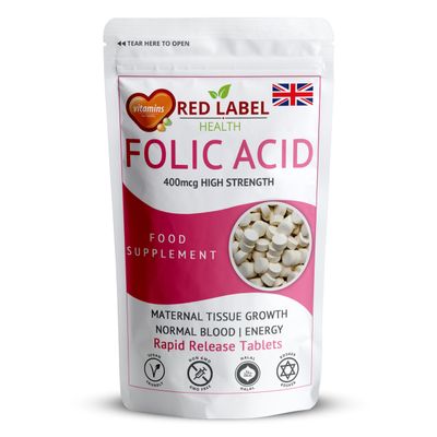 Red Label Health Folic Acid 400 mcg Tablets, 365 Vitamin B9 Tablets (1 Year Supply), Folate Fertility Supplement for Women, Vegan, Vegetarian, Supports Maternal Tissue Growth, Made in The UK