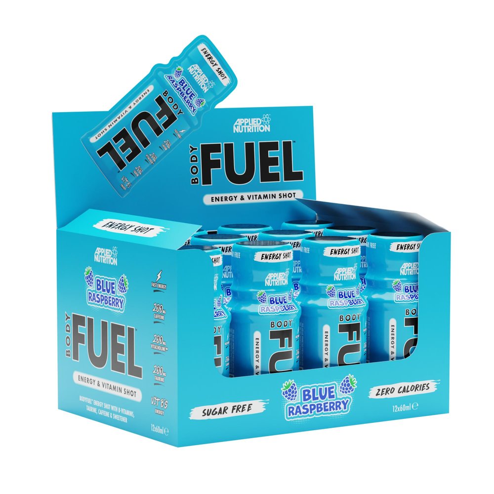Applied Nutrition BodyFuel Energy Shot - Body Fuel Prime Energy Shot, Physical Performance with B-Vitamins, Taurine, Caffeine, Sugar Free, Zero Calories (Box 12 Units x 60ml) (Blue Raspberry)