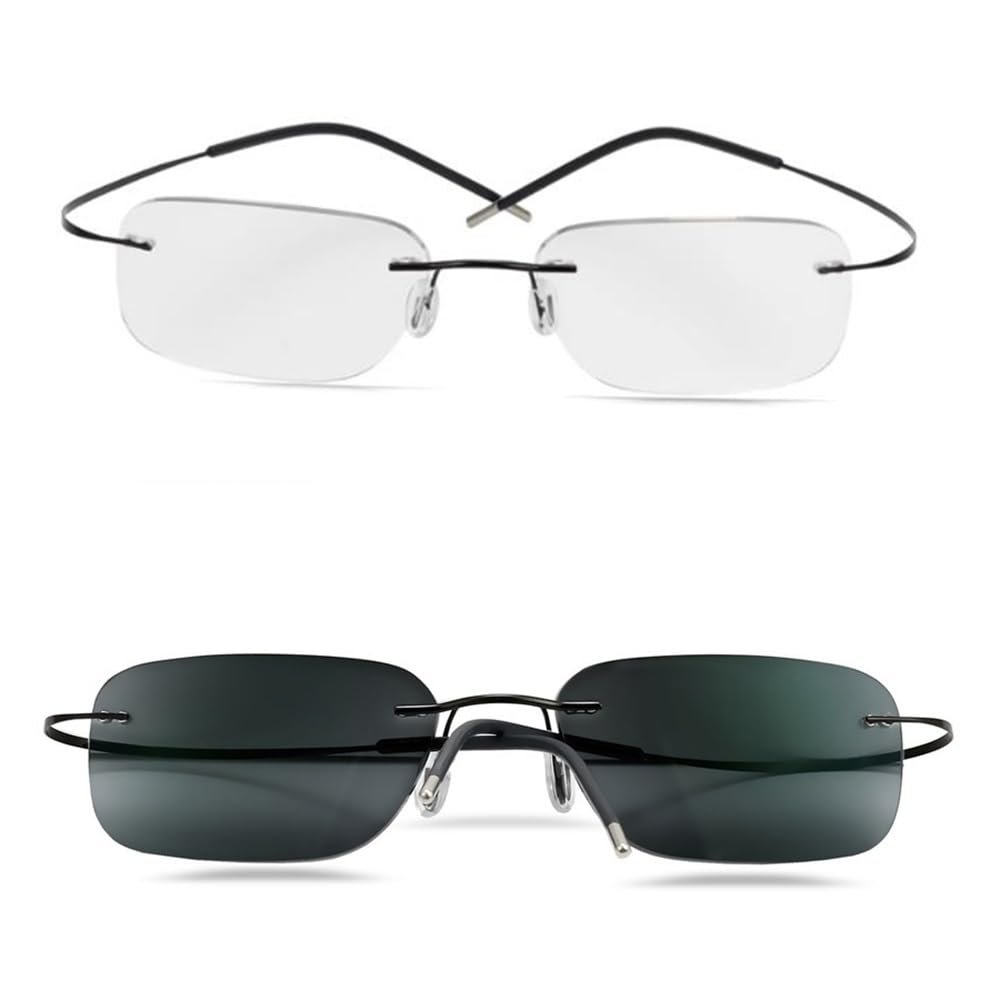 WInara Rimless Photochromic Reading Glasses, Transition Anti UV Sunglasses for Men, Computer Presbyopia HD Readers (Color : Black, Size : +2.25)