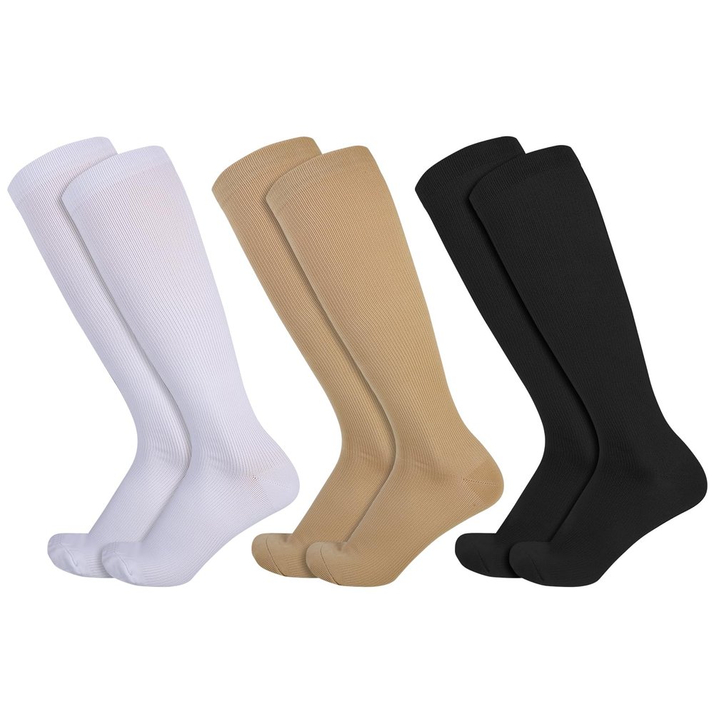 Opopark 3 Pairs Compression Socks for Women & Men Medical Circulation 20-30 mmhg Flight Socks Knee High Compression Stockings for Athletic Nurse Running Travel( L/XL Multicolour)